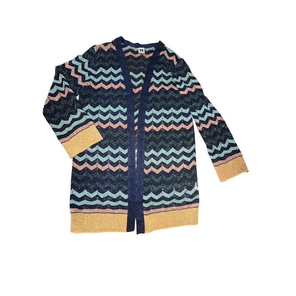 Missoni Metallic Zigzag Knit Open Front Cardigan Blue Green Gold Sweater
